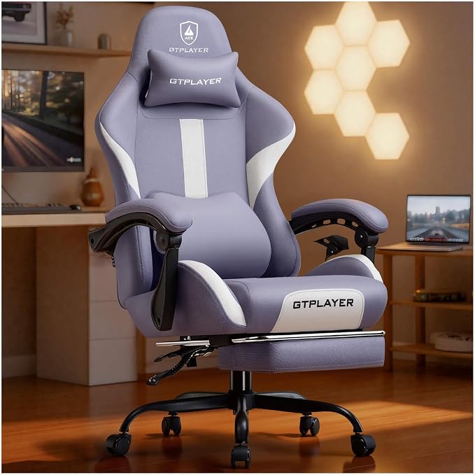 GTPLAYER Gaming Chair with Foot Rest & Pocket Spring Cushion, Ergonomic High Back Computer Desk Chair with Headrest & Lumbar Support for Back Pain Relief, Breathable Fabric, Purple by GTPLAYER