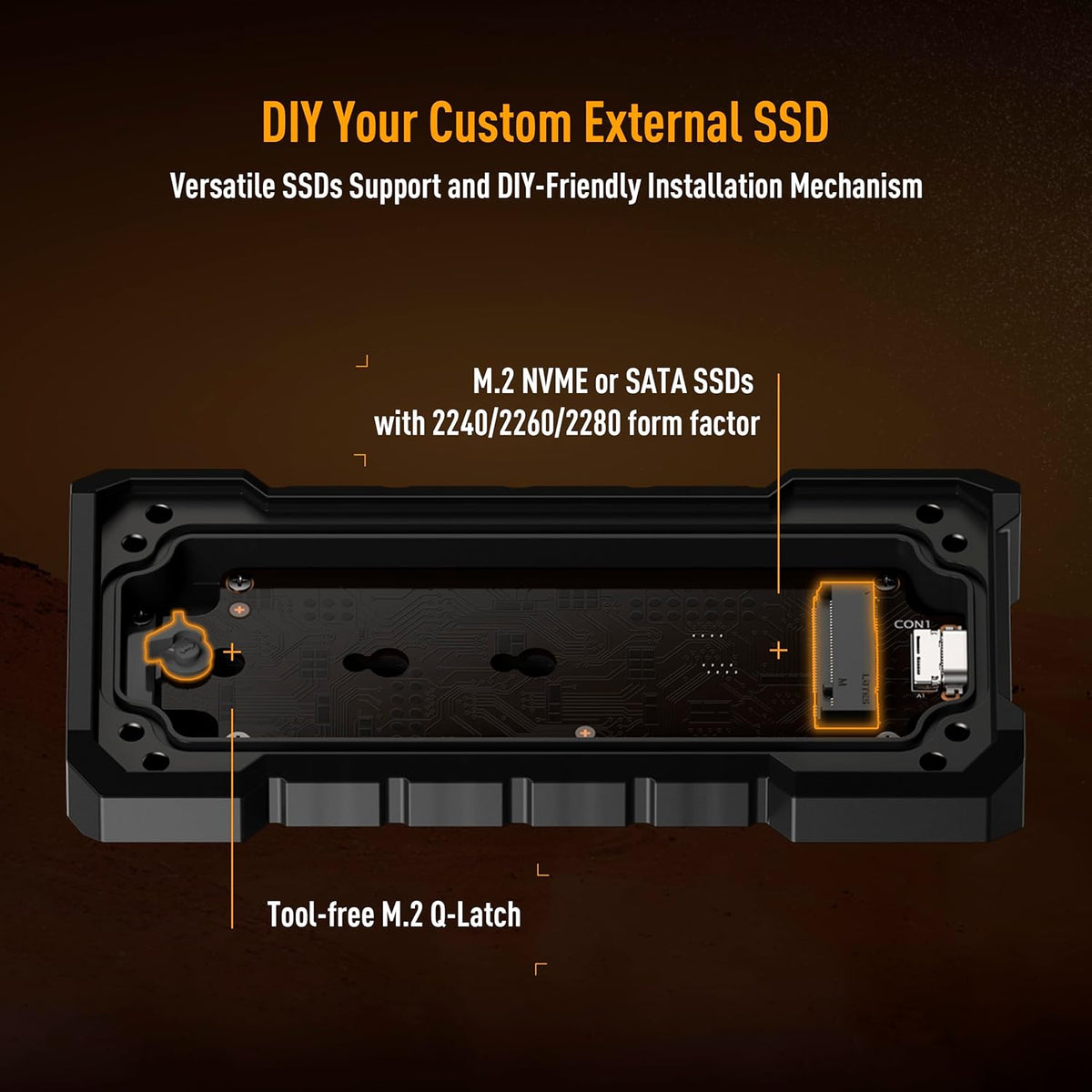 ASUS TUF Gaming A2, USB-C 3.2 Gen 2x2 SSD Enclosure, Dual M.2 NVMe PCIe and SATA, MIL-STD-810H Drop Resistance, IP68 Water and dust Resistance, Aluminum Alloy Chassis, 1 Year Warranty - Image 3