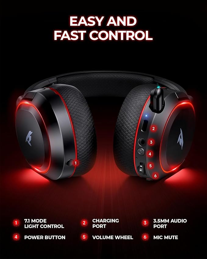 Wireless Gaming Headset for PC PS5 PS4 Mac Switch 7.1 Surround Sound 100-Hr | 2.4Ghz USB Gaming Headphones, Bluetooth 5.4 & Type-C, Noise Canceling Mic, RGB Light, Ideal for FPS, RPG Gamers, Not for Xbox - Image 9
