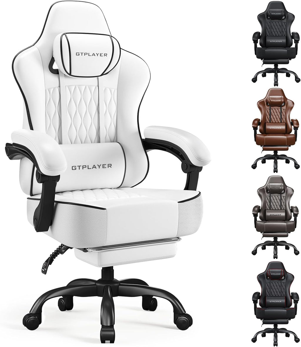GTPLAYER Big and Tall Gaming Chair with Footrest, Ergonomic Office Desk Chair with 4.4in Thick Cushion and Wide Wingless Seat, Comfortable Leather Computer Chair, Predator Series, White by GTPLAYER