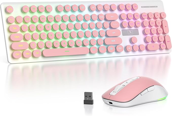 Backlit Pink Keyboard and Mouse Wireless, 2.4GHz Light Up Typewriter Rechargeable Quiet Keyboard Cordless with USB Receiver for PC/Laptop(Pink) by Vumilstek