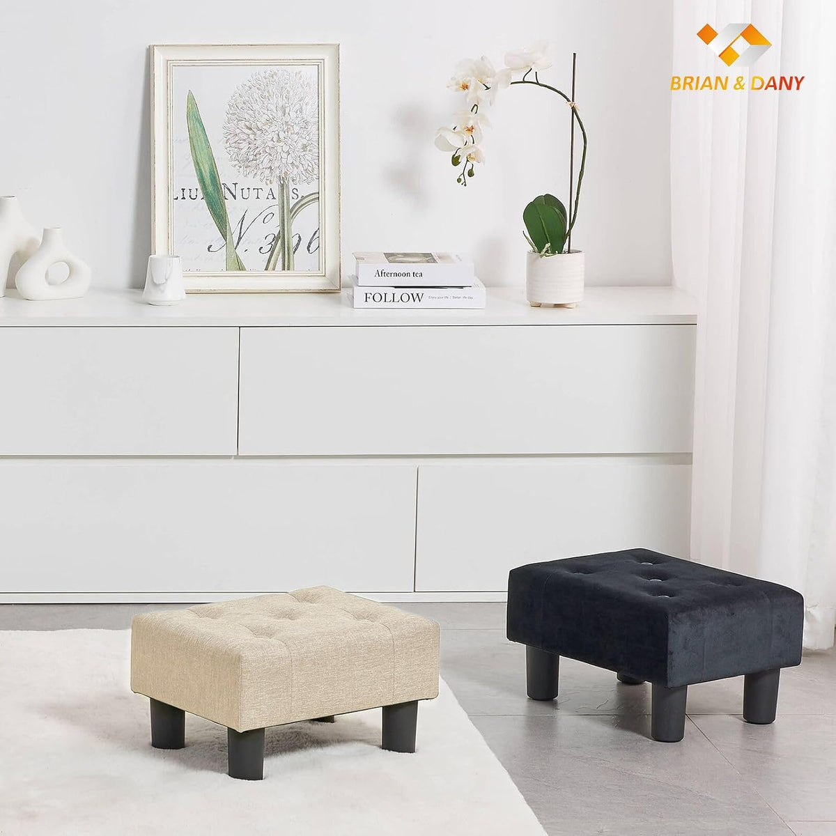 BRIAN & DANY Small Foot Stool, Linen Foot Stools with Legs, Stable Small Footstool for Living Room, Beige - Image 7