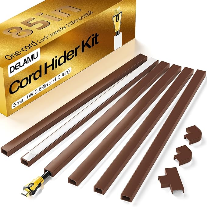 Delamu Cord Hider, 85in Cord Covers for Wires on Wall, One-Cord Cable Hider, Self-Adhesive Wire Hiders Wire Covers for TV Cords on Wall, Paintable Cable Cover Management Kit, W0.59 H0.4in, Brown by DELAMU