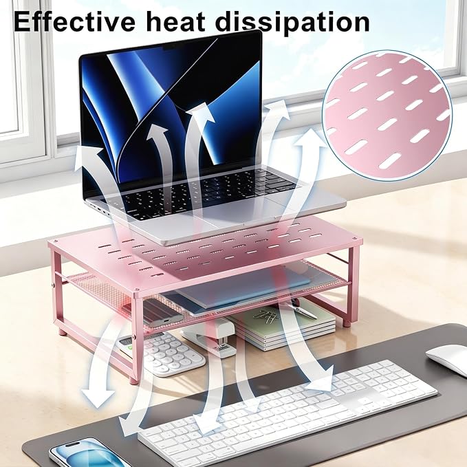 gianotter 2-Tier Metal Monitor Stand Riser | Desk Organizers and Accessories, Desk Organizer for Monitor, Office Desk Storage Organizer for Office Supplies (Pink) - Image 3