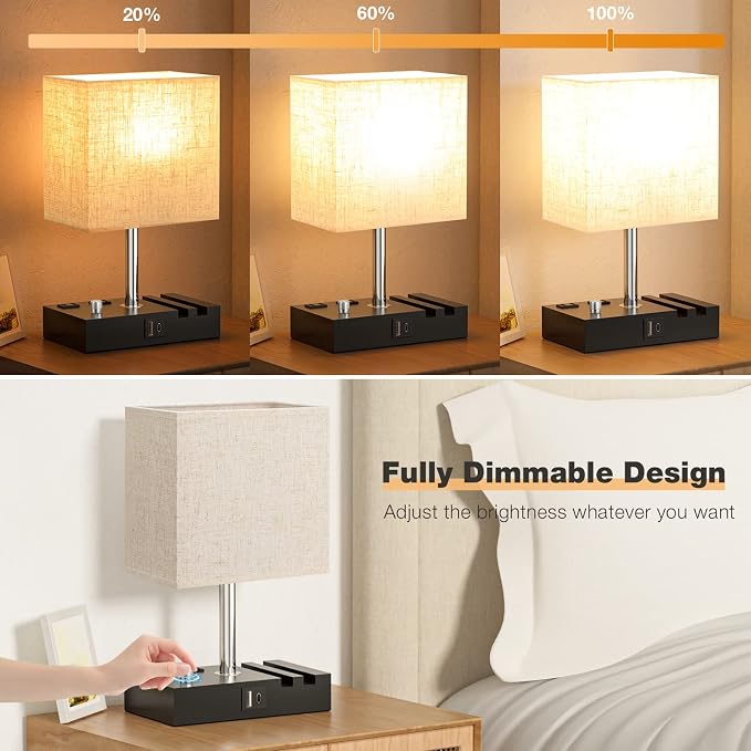 Beige Bedside Table Lamps Set of 2 - Dimmable, USB C+A, 2 AC Outlets | Dimming By Rotary Knob, USB C+A Ports, 2 Phone Stands, LED Bulbs Included, Rectangle Beige Lampshade, for Living Room, Desk - Image 4