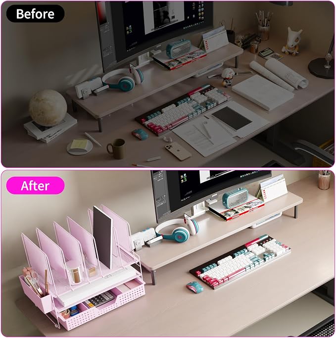 LEKETREE Pink Desk Organizer, Office Organization with Vertical File Holder, File Organizer with Drawer and Pen Holder, Desk Accessories and Workspace Organizers for Home Office (Pink) - Image 4