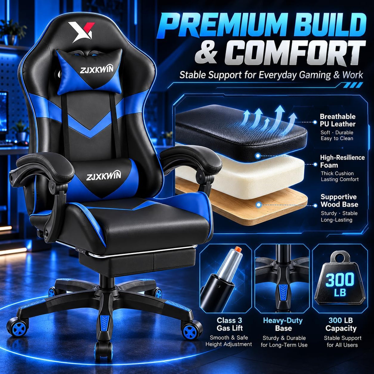 Ergonomic Gaming Chair for Adults, 21" Wide Memory Foam Seat & Footrest - Image 5