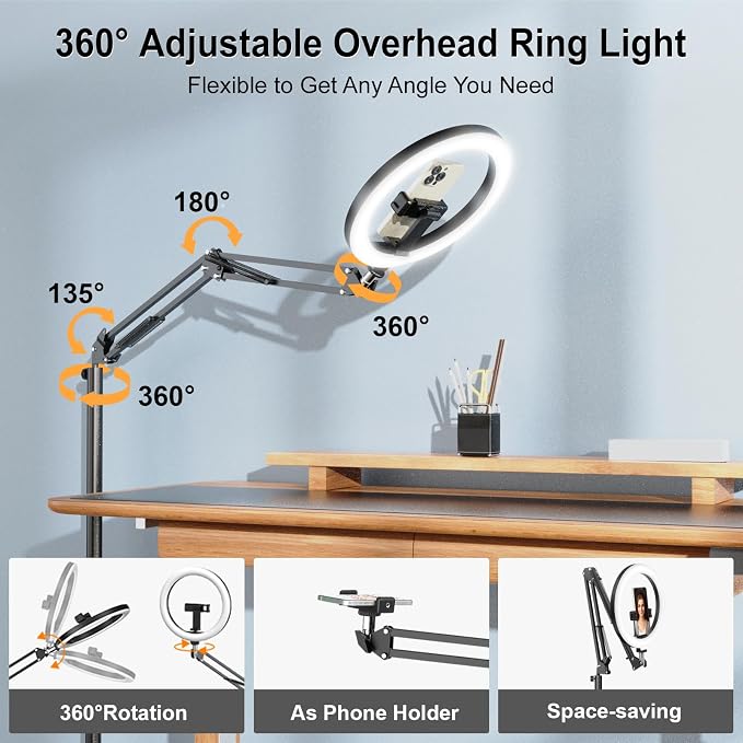 Latest Ring Light with Stand Tripod for iPhone, Overhead Phone Camera Mount with Light and Phone Holder Stand for Recording, 10” Selfie Light for Video,Streaming,Photography, Tiktok, YouTube - Image 3