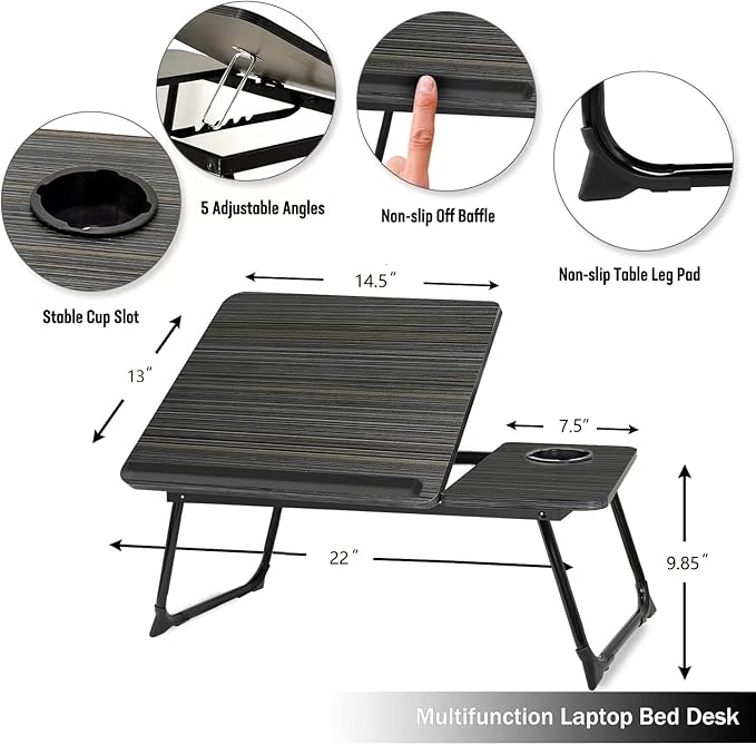 Laptop Desk for Bed Couch,Lap Desk for Laptop,Portable Laptop Stand for Desk,Small Adjustable Laptop Desk,Foldable Bed Table for Laptops and Writing, Bed Tray Table with Cup Holder(Black) - Image 4