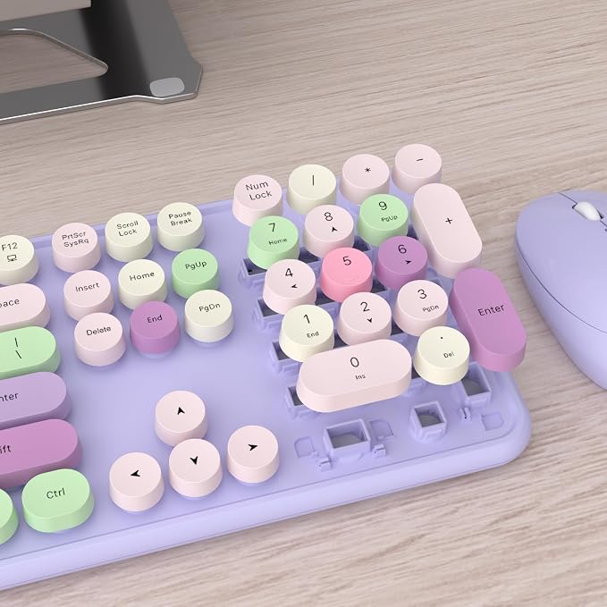 UBOTIE Colorful Wireless Keyboard and Mouse Combo (Purple-Colorful) | Retro Typewriter Floating Full-Sized Keys Computer Keyboard with Optical Mouse, 2.4GHz USB Connection for Windows Mac - Image 4