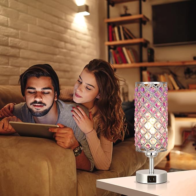 Crystal Table Lamp, 3 Way Dimmable Touch Lamps for Night Stands, Purple | Purple Crystal Table Lamp with USB C+A 3-Way Dimmable Bedside Lamp - Image 4