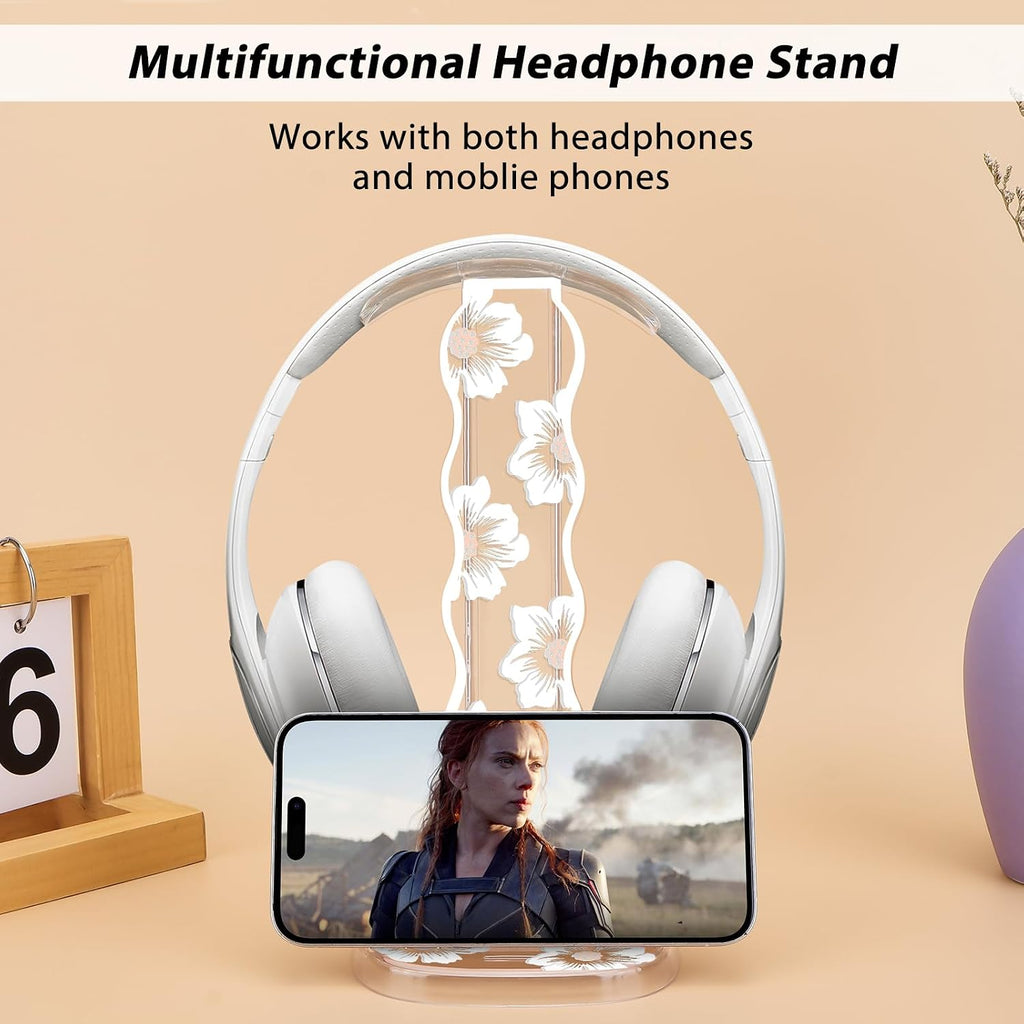 CamyCosy Headphone Stand Gaming Headset Holder for Desk,Unique White Camellia Pattern Clear Earphone Stand Cellphone Stand Desk Accessories for All Headphones Size - Image 3