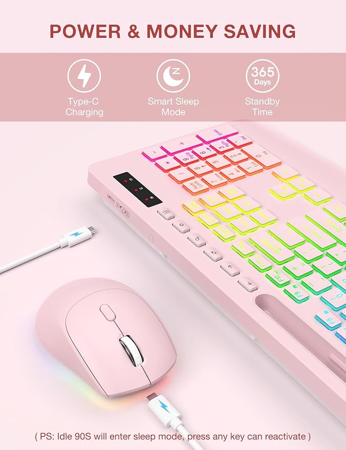 Wireless Keyboard and Mouse Combo, 9 Backlit Effects, RGB, 2.4GHz | Ergonomic Wrist Rest, Phone Holder, Rechargeable, Full Size, KM22 MAX Silent Set for Computer, Laptop, Mac, Windows (Pink) - Image 4