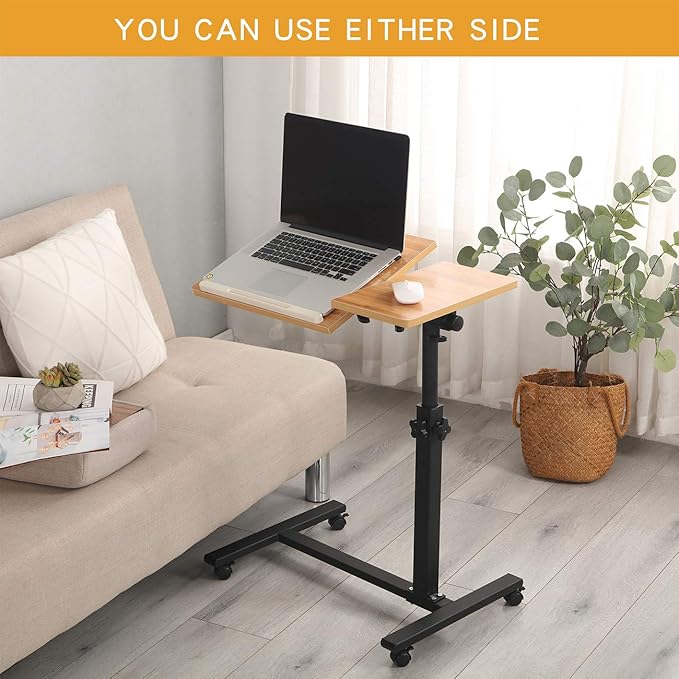 TigerDad Overbed Bedside Desk Mobile Rolling Laptop Stand Tilting Overbed Table with Wheels Height Adjustable Tray Table for Laptop Bed Sofa Side Table (Wood) - Image 4