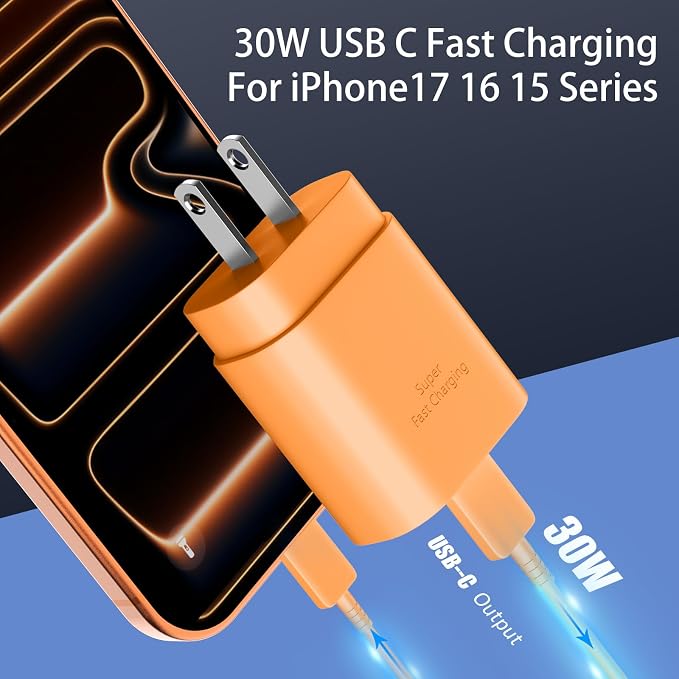 Phone 17 16 15 Charger Fast Charging,30W USB C Phone 17 16 15 Pro Max Charger Block & 10FT Long Type C Cable Cord for i.Phone 17/17 Air/17 Pro/17 Pro Max/16/16 Pro Max/15/15 Pro Max,Orange - Image 2