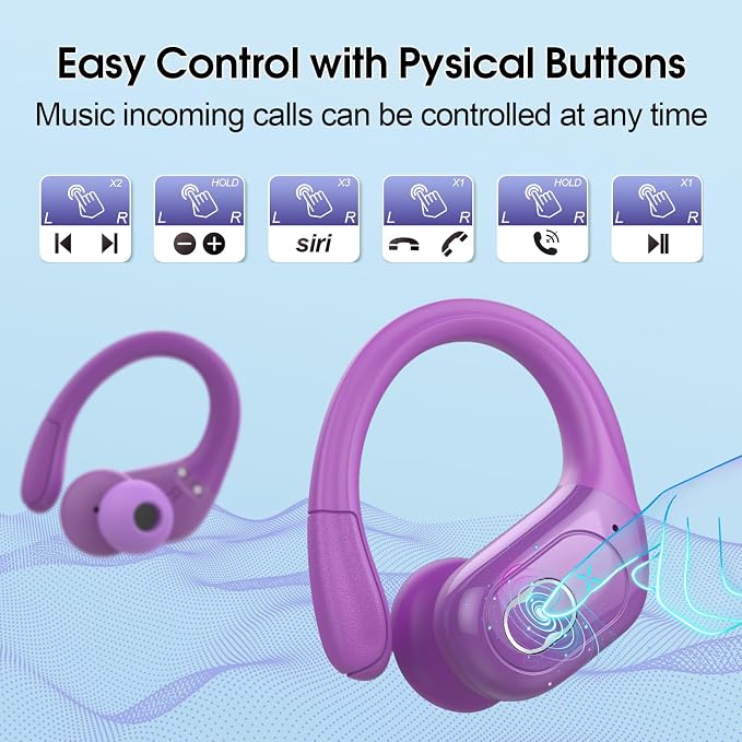 Wireless Earbuds 75H Bluetooth 5.4 Sport Headphones with Earhooks, Purple | IPX7 Waterproof In-ear Buds Feature ENC Noise Cancelling Mic & Deep Bass. Stereo Sound Device for Gym Running Workout - Image 7