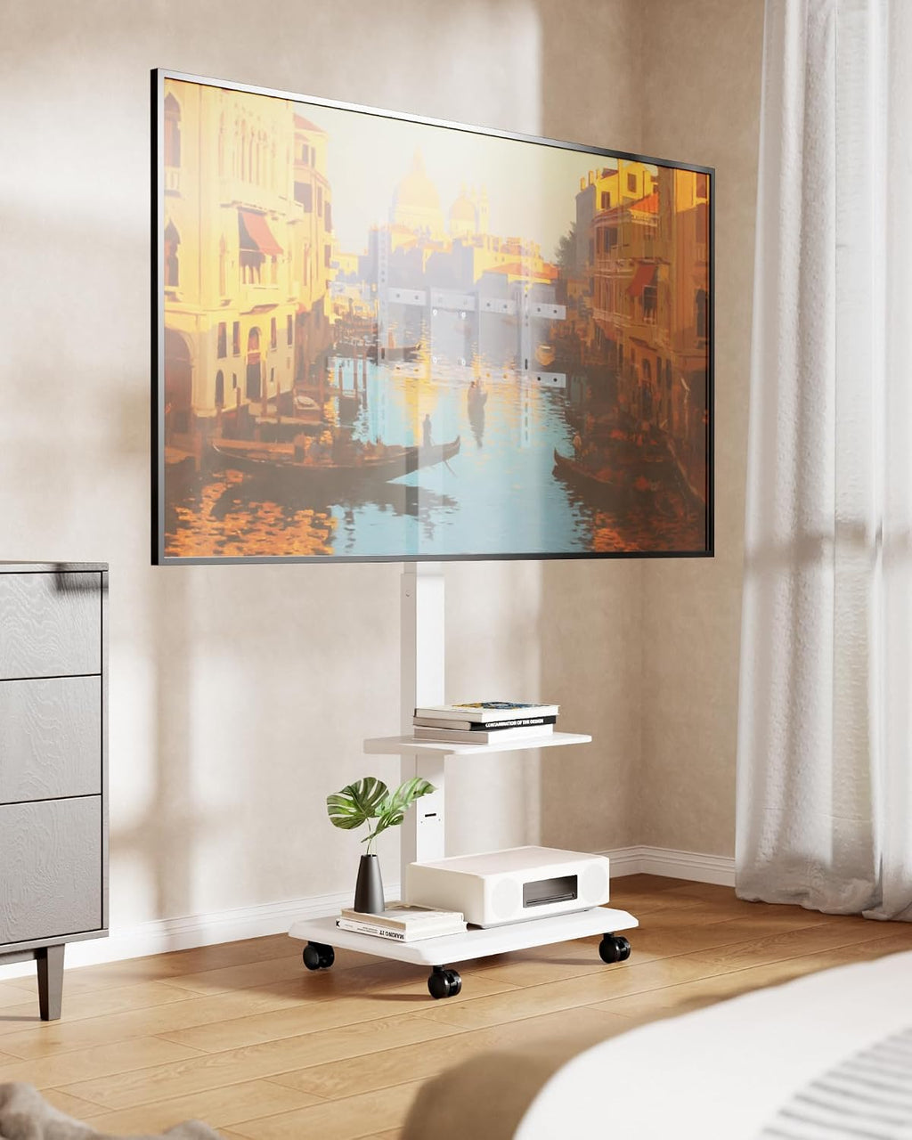 Steel Base Rolling TV Stand for 37-90 inch TVs up to 132 lbs, White - Image 8