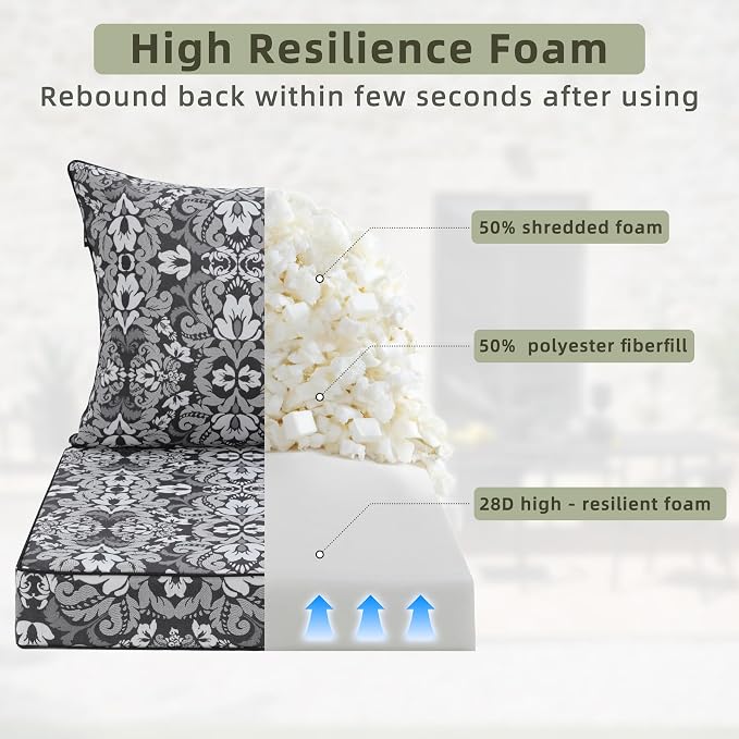 Favoyard Outdoor Deep Seat Patio Cushions Set, 24" x 24", Rainproof, Garden | Fade Resistant, Removable Bottom & Back Cushion, Tie Straps for Patio Furniture, Rocking Chair, Sofa Couch, Gray Floral - Image 5