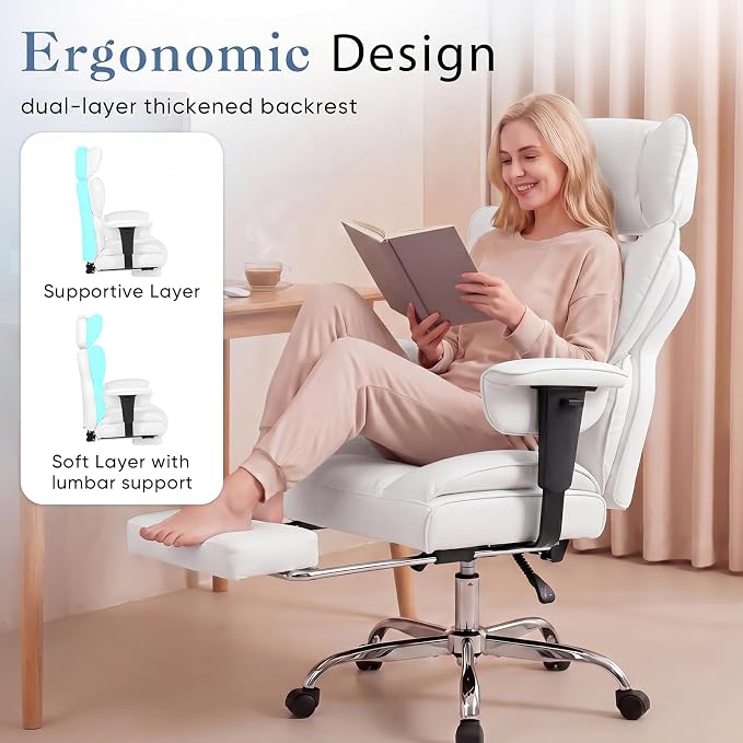 DUMOS Big and Tall Home Office Desk Chair, Executive Chair with Footrest | PU Leather, Ergonomic Comfy Lumbar Support, High Back Reclining, Adjustable Armrests, White - Image 6