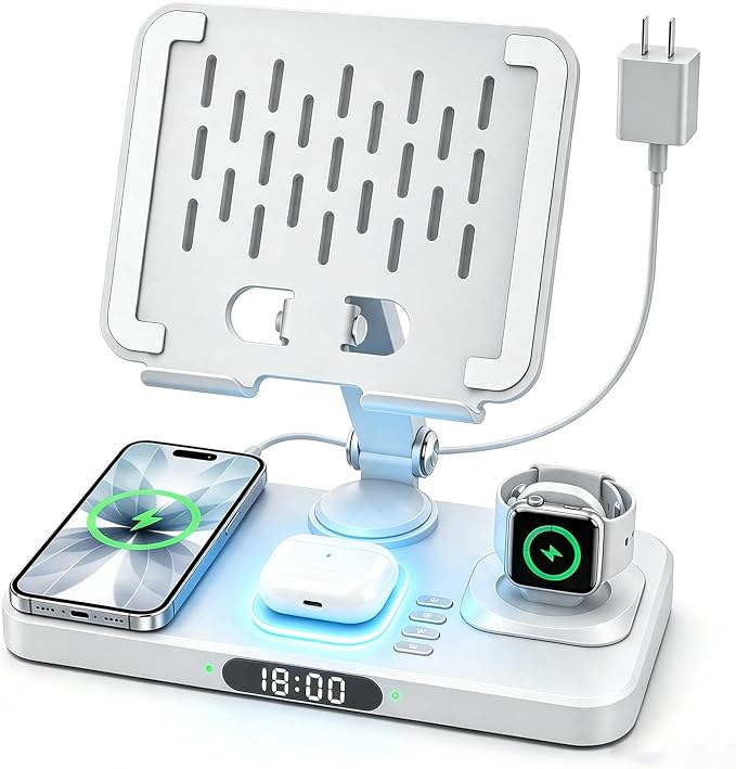 Wireless Charging Station for Apple Devices, Only for Apple Watch Charging | Included Type-C Cable for Tablet Charging, Foldable Wireless Charging Station, 7 Cycling Ambient Lights, Time Clock Display by Hostena