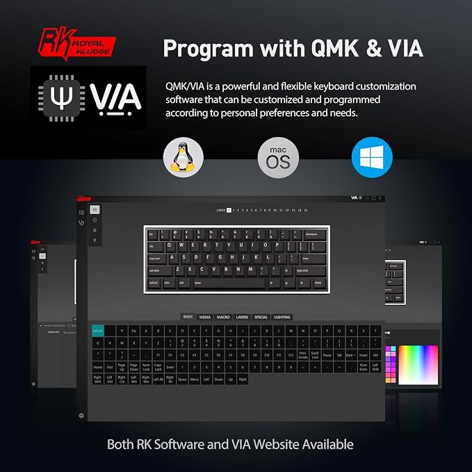 RK ROYAL KLUDGE RK61 Wired 60% Mechanical Gaming Keyboard Programmable QMK/VIA RGB Backlit 61 Keys Ultra-Compact Hot Swappable Blue Switch Black - Image 7