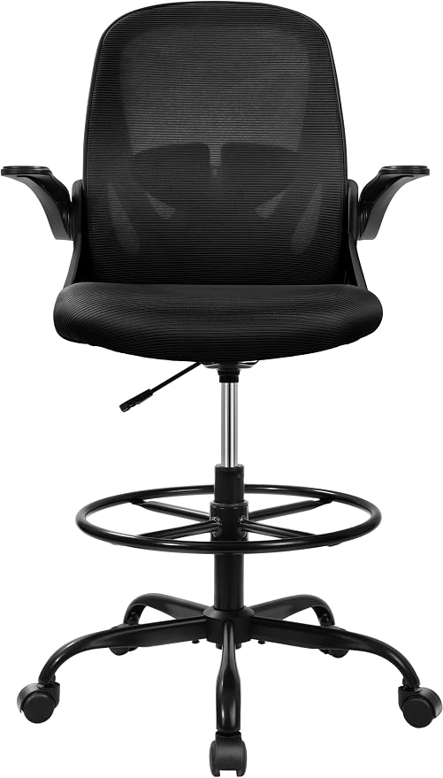 Drafting Chair Tall Office Chair with Flip-up Armrests Executive Ergonomic Computer Standing Desk Chair with Lumbar Support and Adjustable Footrest Ring (Black) - Image 4