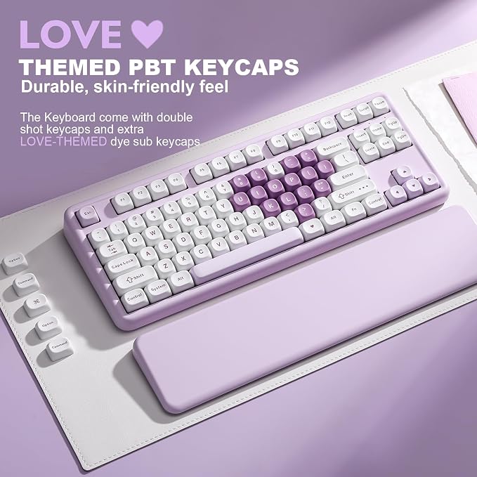 YUNZII B87 TKL Wireless Mechanical Keyboard (Purple Heart, MilkV2) | QMK/VIA, Wrist Rest, CreamyTyping, Cute MOA Keycaps, Gasket Mount, Hot Swap, RGB Backlit, NKRO, BT/2.4G/USB-C, for Win/Mac - Image 8