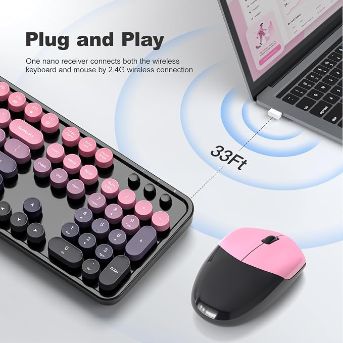 MOFII Wireless Keyboard and Mouse Combo, 2.4GHz Retro Typewriter Keyboard Full Size, Cute Wireless Mice, USB Dongle Plug and Play, for Laptop, PC, Desktop, Windows (Plum Pink Gradient Color) - Image 2