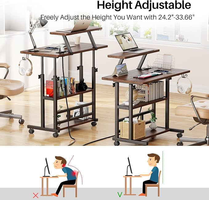 Adjustable Height Standing Desk with Power Outlets, Rolling Stand Up Desk with Monitor Stand and Storage Shelves, 31.5" Small Mobile Computer Desk, Portable Laptop Table (Retro Brown) - Image 3