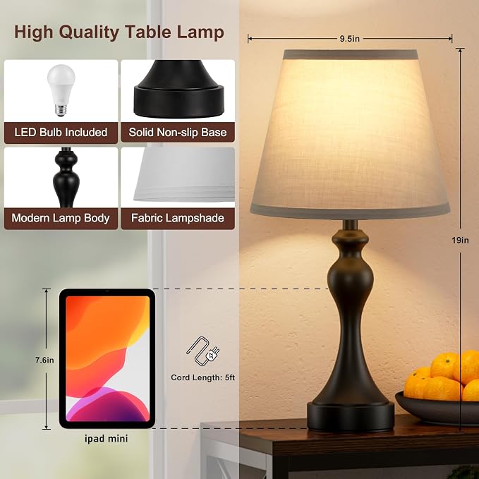 Touch Lamps for Nightstand, 3 Way Dimmable Bedside Lamps with USB C+A Ports | Touch Control, LED Bulb Included, Small Black Table Lamp for Bedroom, Night Stands, End Table, Gift，Corded，Grey Shade - Image 7