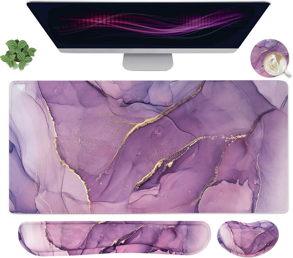 Large Mouse Pad and Keyboard Wrist Rest, Desk Pad for Keyboard and Mouse, 4-in-1 Large Gaming Mouse Pad with Wrist Support, Desk Mat for Home Office Study Game-Purple by Yunoble