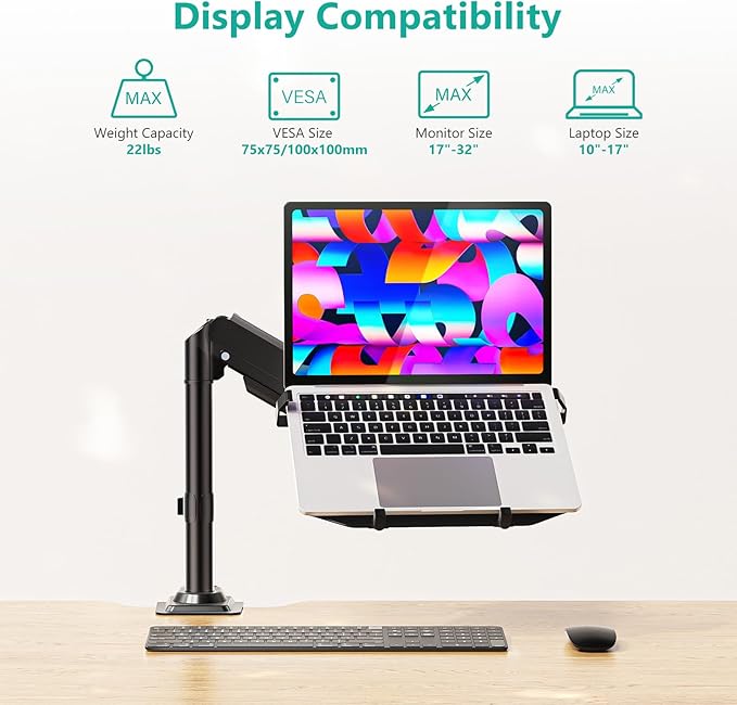 WALI Laptop Desk Mount for 15.6 inch Notebook, Fully Adjustable Single Monitor Arm with Laptop Holder for 32 inch Screen, Laptops Stand with Ventilated Tray, Up to 22 Lbs, (GSDM00LP), Black - Image 2