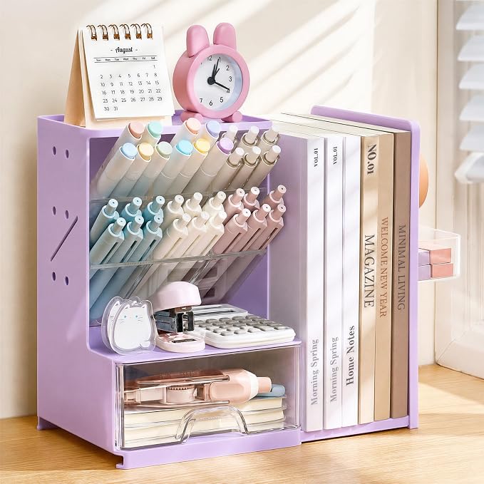 Sooez Desk Organizer with Bookends, Pegboard & Drawer, Pen & Pencil Holder | Desk Accessories with 5 Compartments, Teacher School Office Supplies, Dorm Room Organization Storage for Sticky Notes, Purple by Sooez