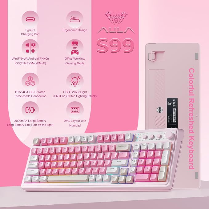 AULA S99 Gaming Keyboard, Wireless Computer Keyboards with Media Knob | 99 Keys Membrane Keyboard,RGB Backlit,Tri-Mode BT/2.4GHz/USB-C,2000mAh Rechargeable Thocky Clicky Creamy Sounding Keyboard - Image 2