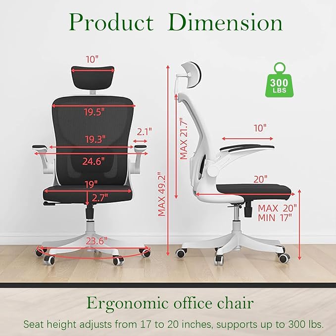 Ergonomic Office Desk Chair High Back Mesh Computer Chair Adjustable Chair | 360° Swivel Adjustable Lumbar Support & Flip-Up Armrests capacity 300 lbs capacity - Image 2