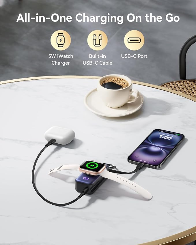 INIU SnapGo Portable Charger, 5000mAh Mini Power Bank for Apple Watch, Green | 20W Fast Charging, Travel Keychain, Built-in USB-C Cable, Flight-Safe, Battery Pack for Apple Watch, iPhone 17 etc, Green - Image 4