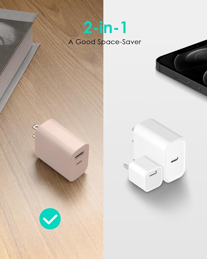 [4 Pack] USB C Charger Block Fast Charging Multiport Adpater [PD 20W USB-C & QC 3.0 USB-A Port] for iPhone 17/16/15/14/13/12/11/X/8, iPad, Galaxy, Google & More [Light Pink] - Image 4
