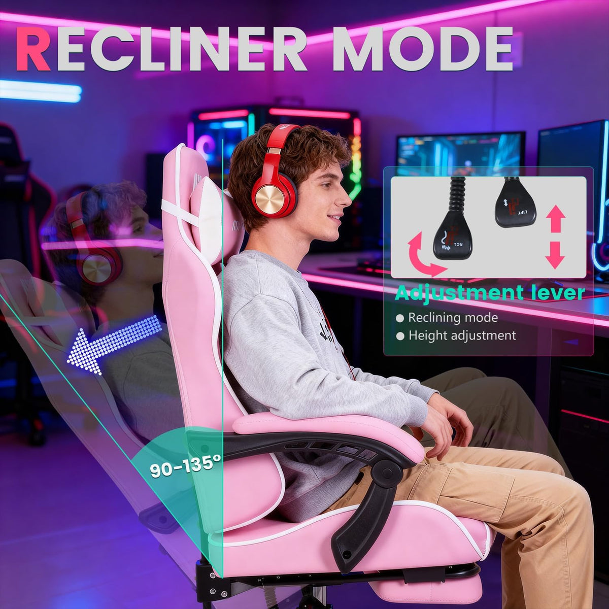 Gaming Chair Office Chair Desk Chair with Footrest Lumbar Support Headrest Armrest Task Rolling Swivel Ergonomic E-Sports Adjustable PC Gamer Chair(Pink) - Image 5