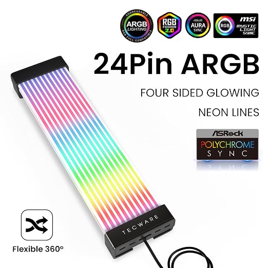 TECWARE Flex RGB Cable Cover Kit | Compatible with 24-Pin Motherboard and 8-Pin/16-Pin GPU | ARGB PSU Cable Extension with 5V 3-Pin Sync | RGB Lighting Kit for PC Cables | Black - Image 2