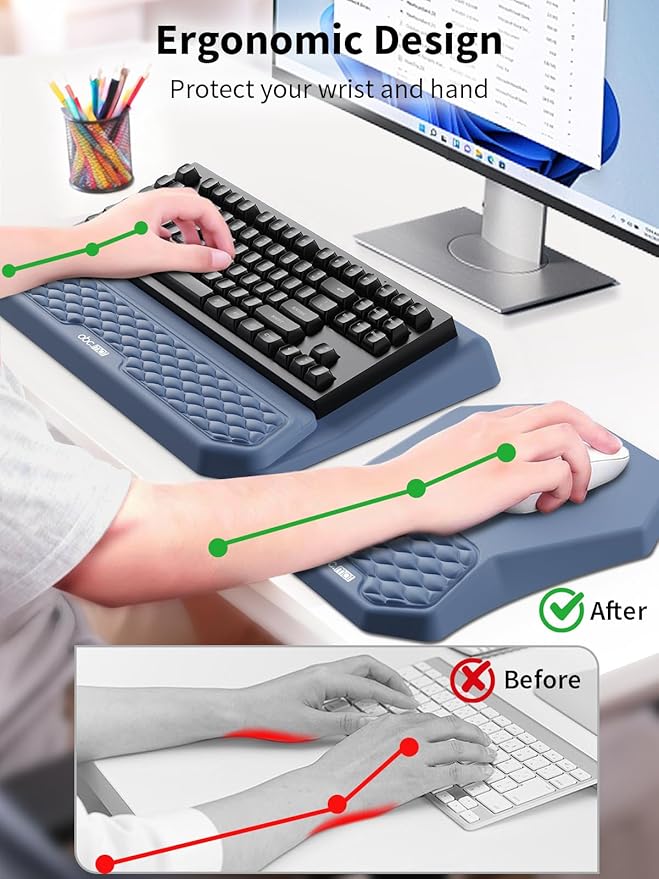 3-in-1 Ergonomic Keyboard Stand with Wrist Rest & Mouse Pad Set, Blue | Comfy Keyboard Riser Holder Soft Mousepad with Massage Design, Memory Foam and Non-Slip PU Base for Pain Relief - Image 2