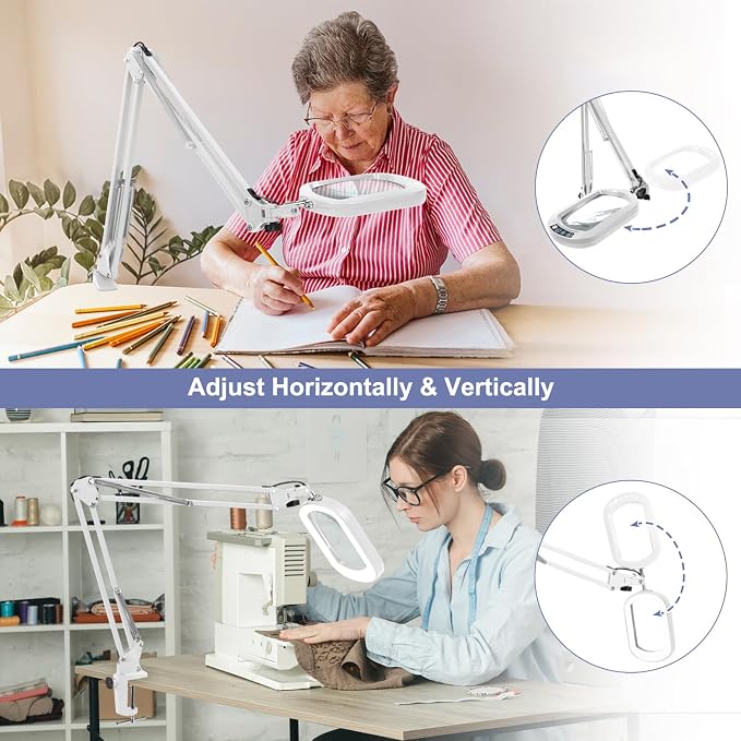 14.35" Large Magnifying Glass with Light and Clamp, Real Glass, 5 Color Modes, Stepless Dimmable, Lighted Magnifier with Stand Hands Free, LED Swing Arm Desk Lamp for Close Work, Craft, White - Image 2