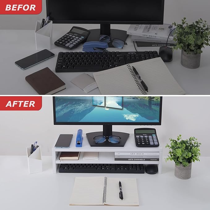 BEYGORM Monitor Stand Riser, White, 21.6 inch, 2 Tiers Wood Desk Shelf | For Full Keyboard, Computer Screen Stand with Storage for Desktop Laptop/Screen/TV/PC/Printer 21.6"L x 7.8"W x 5.2"H - Image 5