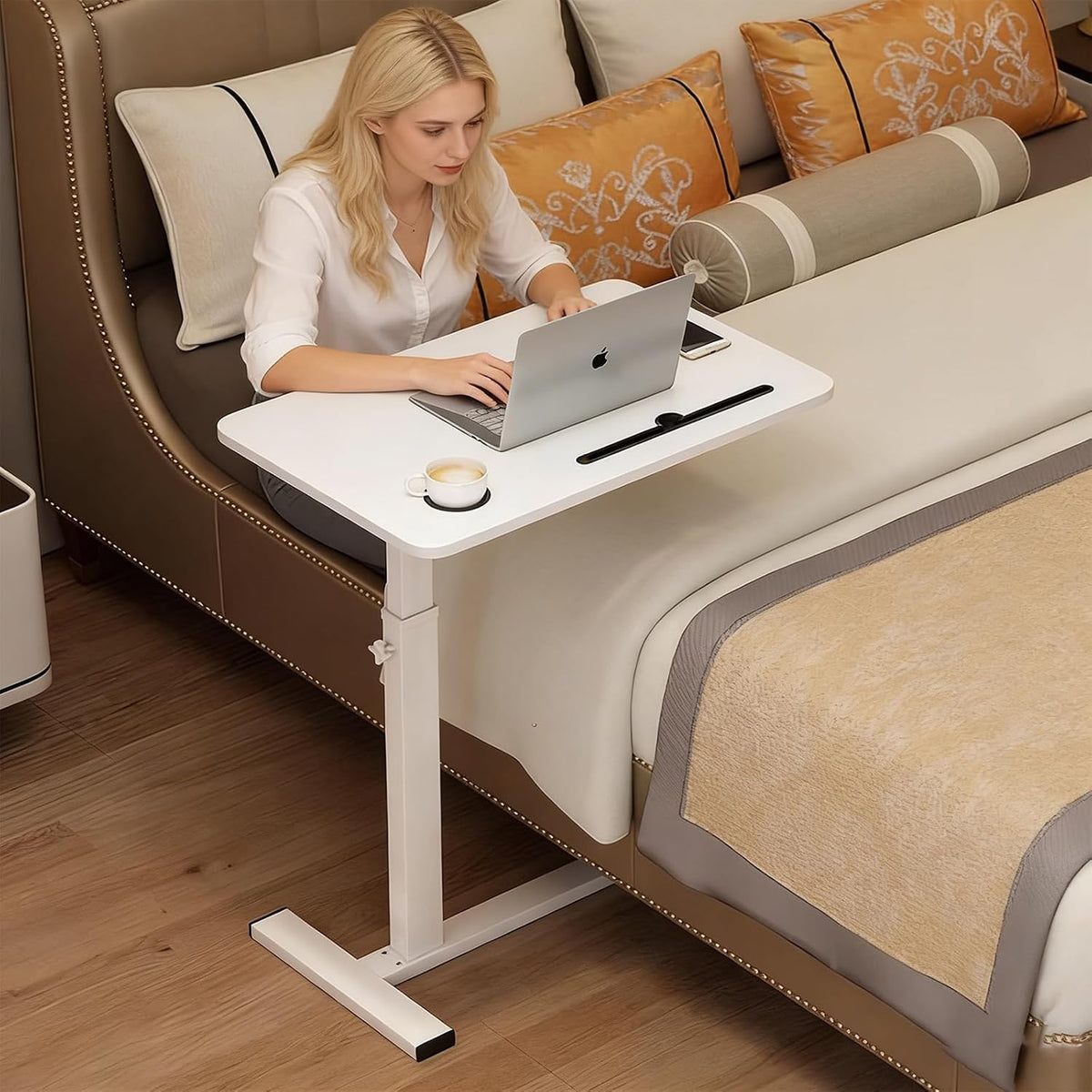 Over the Bed Table with Hidden Wheels,Height Adjustable Bedside Table Tray by BeGyoku