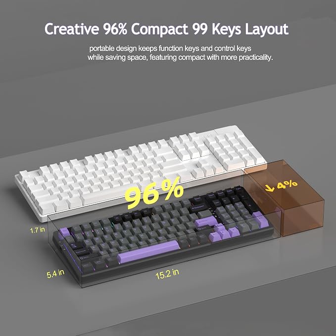 MageGee LIGHT100 Wireless Creamy Keyboard, Gasket Structure Hot Swappable, Tri-Mode 2.4G/USB-C/BT5.0 RGB Backlit Mechanical Gaming Keyboard for Win/Mac/PC, PBT Keycap, 4000mAh Battery, Purple - Image 9