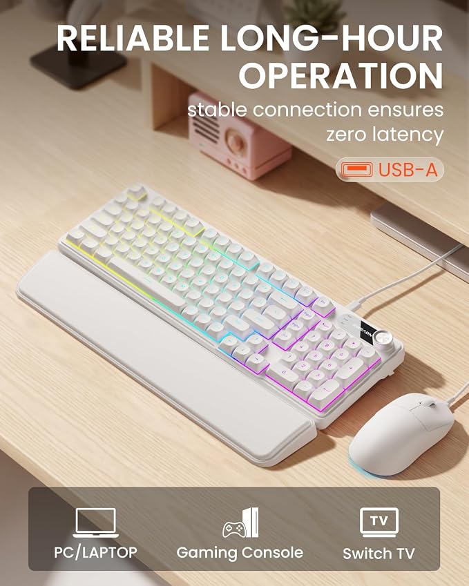 EWEADN Wired Keyboard and Mouse Combo with Detachable Wrist Rest, Quiet Ergonomic Keyboard Mouse Set with Multimedia Knob, RGB Backlit, Double-Shot Keycaps Natural Typing for Laptop, PC - White - Image 6