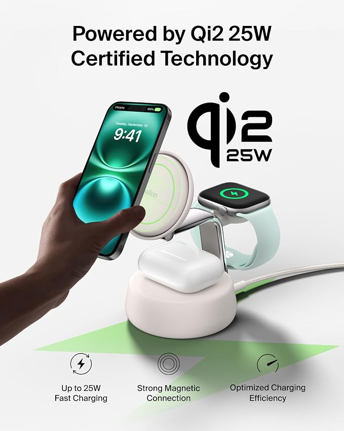 Belkin Qi2.2 25W Wireless Fast Charging Station, 3 in 1 iPhone Charger | Fast Charging, MagSafe Compatible, iPhone 17/16/15, Apple Watch, AirPods, Travel Charger, Magnetic - Image 5