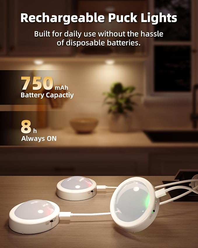 EZVALO 6-Pack RGB Rechargeable Puck Lights with Remote, Mini Under Cabinet Lighting, 2.95'' Tap Lights, 16 RGB Colors & 3 White Color Temps, Dimmable Stick-On Closet Lights for Kitchen, Shelf - Image 3