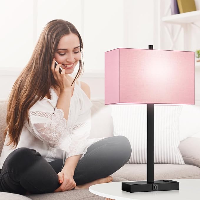 Lynnoland 21" Set of 2 Table lamp with USB A+C & AC Outlets, Touch Control 3-Way Dimmable Nightstand Lamps for Bedroom Living Room Office Reading, Pink Shade Touch Lamps, 5000K LED Bulbs Included - Image 5