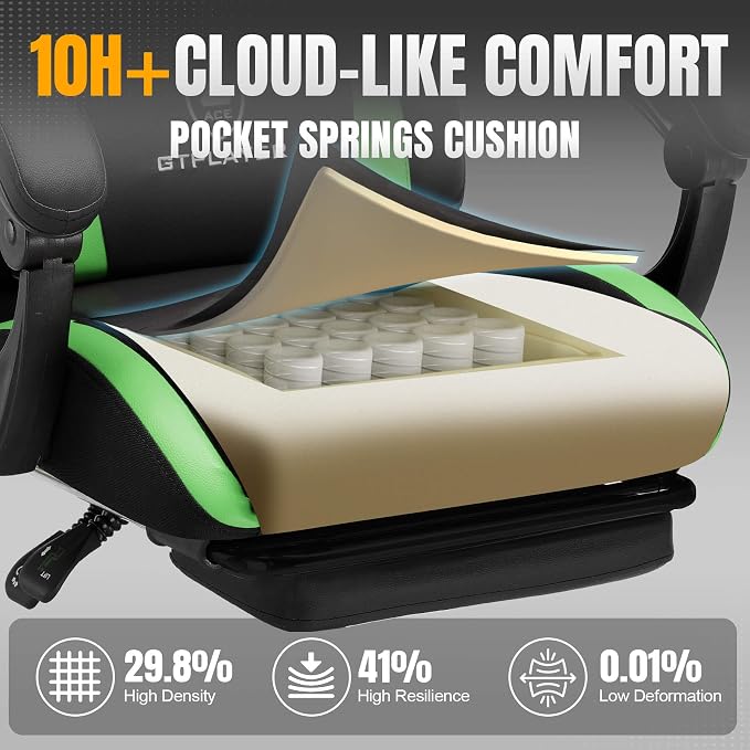 GTPLAYER Gaming Chair with Pocket Spring Cushion, Leather Office Chair with Ergonomic High Back & Lumbar Support for Back Pain Relief, Computer Game Chair for Adults, Grass Green - Image 4