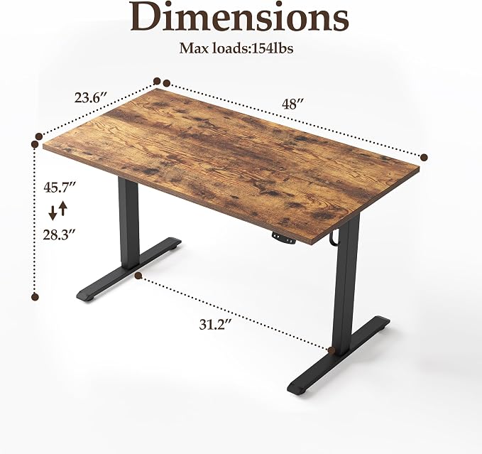 Klicelor Electric Standing Desk 48 Inch, Height Adjustable Desk for Home Office, Sit Stand Up Rising Computer Table with Memory Preset, Rustic Brown - Image 3